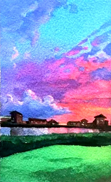 Afterglow — magenta sunset over rooftops and a green field