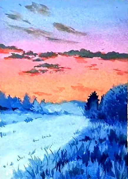 Violet Hour — watercolour of a pink and violet dusk over a blue meadow